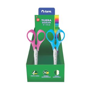 Tijera Escolar Color 5" - Caja Exhibidora - Mango Ergonómico - Colores Surtidos